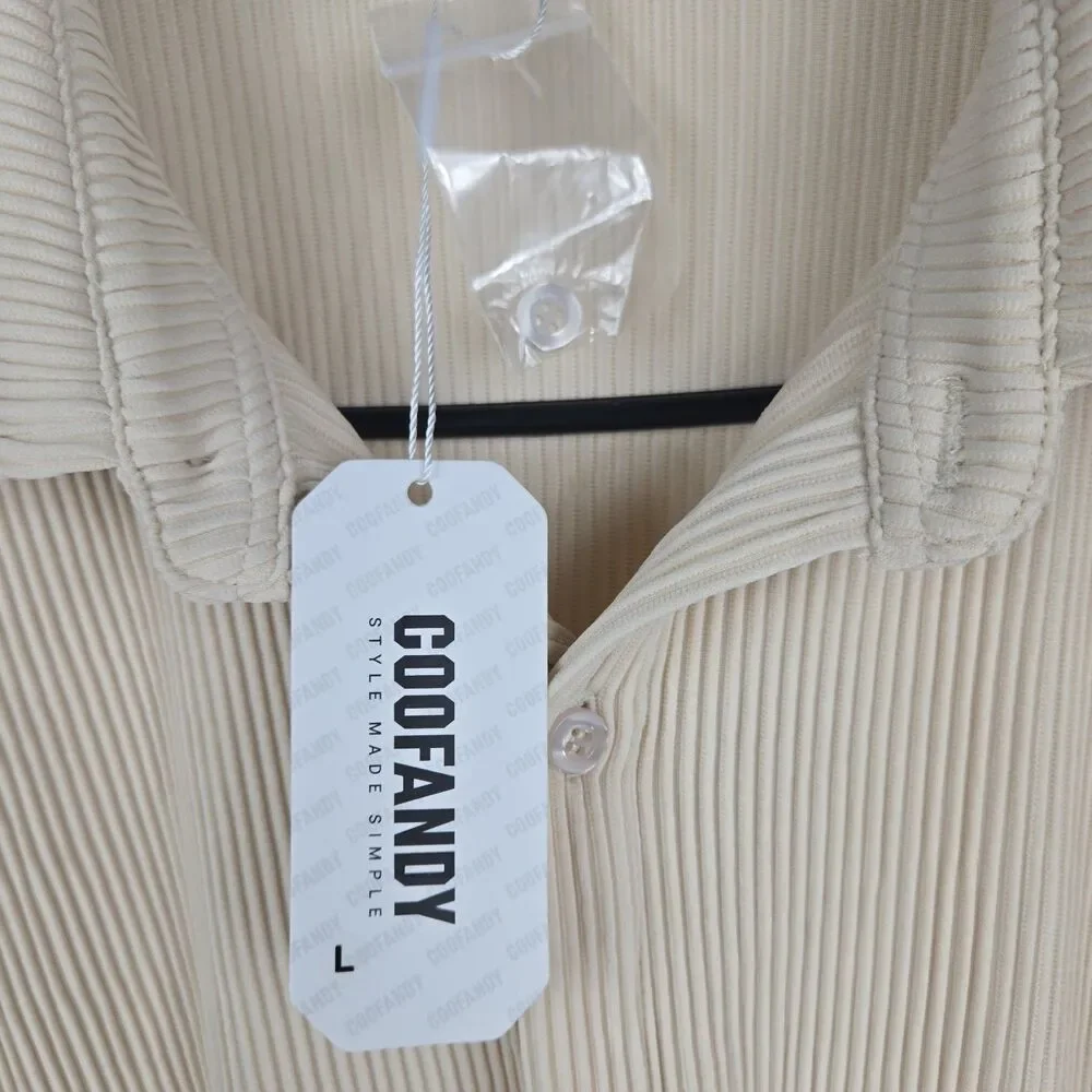 Coofandy Men's Size Large Beige Shirt & Pants‎ Set Ribbed 2 Pieces NWT